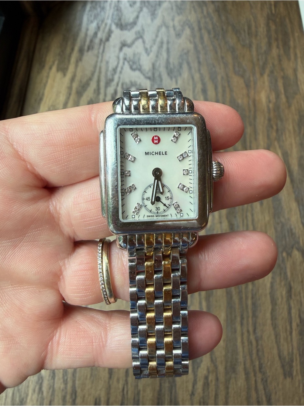 Michele Two-Tone Silver and Gold Bracelet Diamond Accent Square Watch - Picture 2 of 7